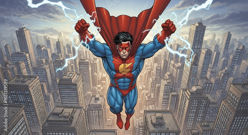 Dynamic superhero soars through urban cityscape with electric energy surge
