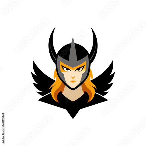 a vengeful valkyrie with a sharp  winged helmet on