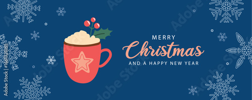 merry christmas greeting card hot drink on snowflake background vector illustraion