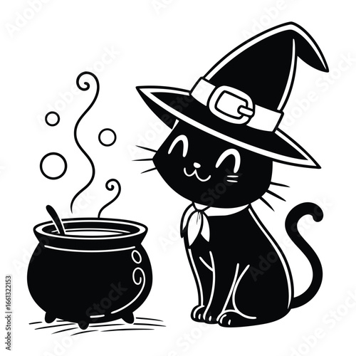 Cartoon black cat wearing a witch hat next to a bubbling cauldron Halloween