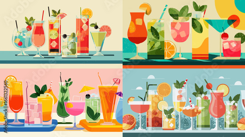 Colorful flat design illustration of cocktails, mocktails, and summer drinks with fruits, ice, and mint leaves. Perfect for bar and tropical themes.