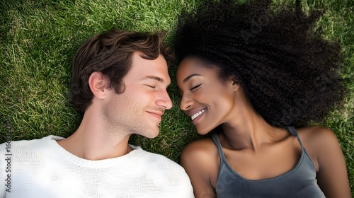 42. Interracial couple lying on grass, heads touching