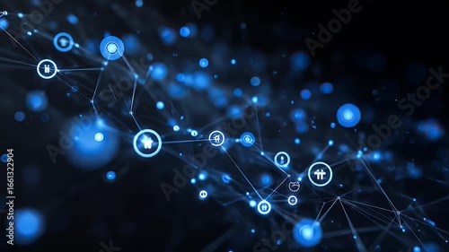 Abstract network of glowing blue symbols on a dark background