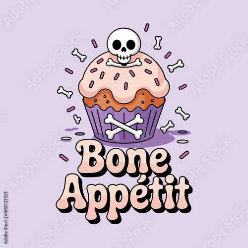 Bone appetit spooky cupcake with skull and crossbones cute bakery halloween poster sticker label invitation card party graphic vector illustration
