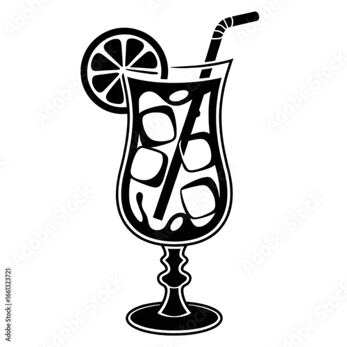 Refreshing cold drink with ice straw and lemon slice