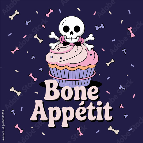 Bone appetit gothic cupcake with skull topper floating bones and sparkles whimsical halloween dessert label for bakery packaging posters tags vector