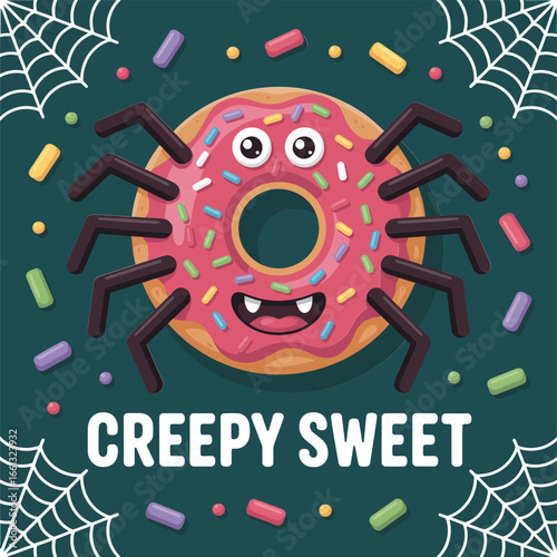 Creepy sweet spider donut with icing sprinkles web corners fun halloween bakery graphic for party invitation sticker poster t shirt vector