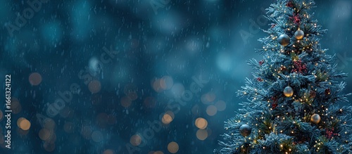 A snowy Christmas tree in a dreamy, dark blue winter scene