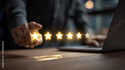 Hand placing glowing stars over laptop