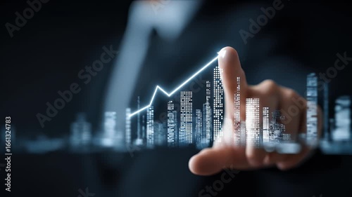 Hand touching a graph over a city skyline