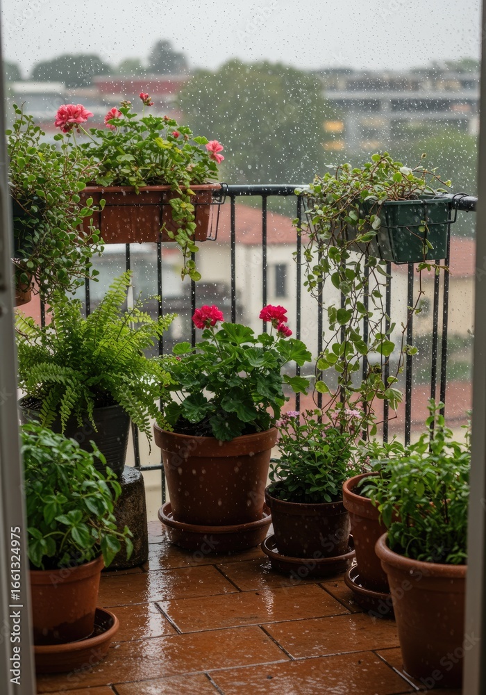 Fototapeta premium Balcony garden in rain