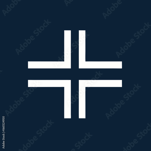 Abstract white geometric cross symbol with Lshaped arms.