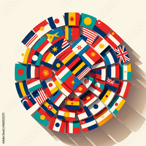 Colorful Circular Arrangement of Diverse International Flags Representing Global Unity.