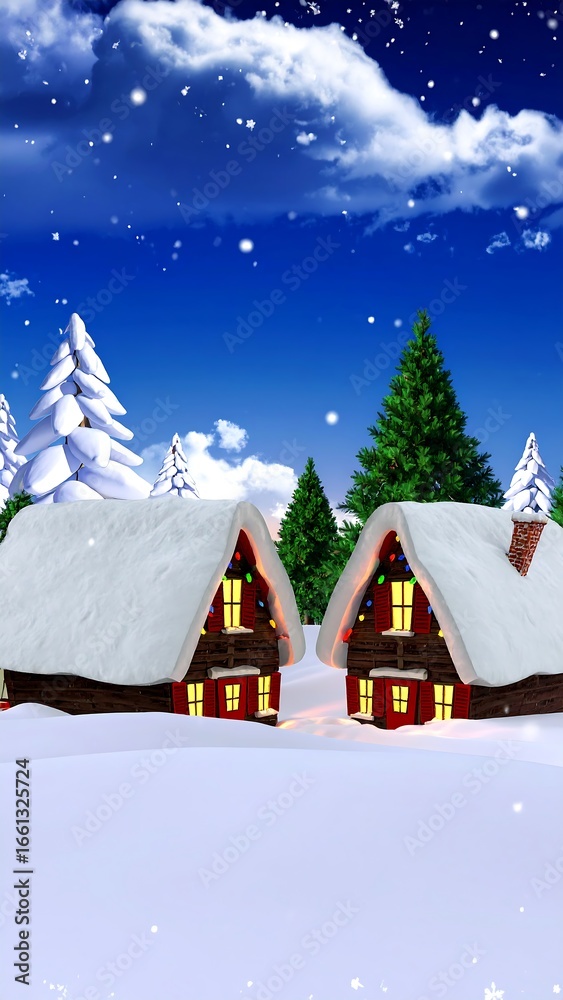 Naklejka premium Two cozy snow-covered houses in a snowy Christmas landscape