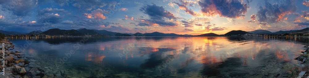 Naklejka premium Panoramic sunset over a calm lake with reflections, mountains in the background
