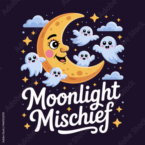 Moonlight mischief crescent moon with happy ghosts, cute Halloween vector, night sky stars, cartoon sticker, kids poster, spooky greeting card design template