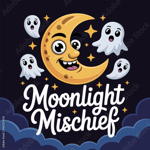 Moonlight mischief smiling moon and floating ghosts, cute Halloween vector, dark sky clouds, cartoon sticker, children poster, festive spooky party graphic design