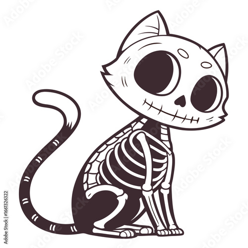 Sitting cartoon cat skeleton with large eyes and striped tail drawing illustration
