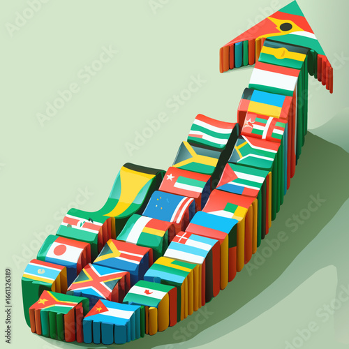 Global Economic Growth Arrow Made of Diverse National Flags Showing Upward Trend.