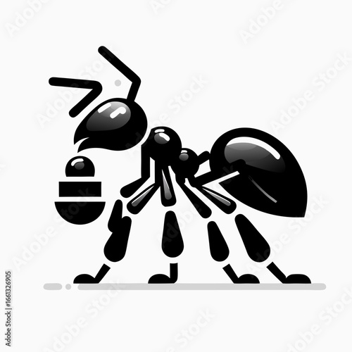 Minimalist Black Ant Icon Carrying Droplet or Food Item.