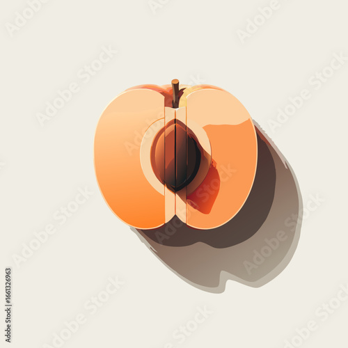 Minimalist peach half with visible pit and cast shadow.