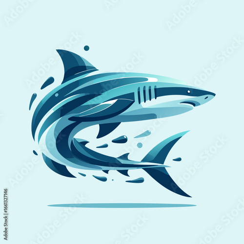 Modern Stylized Blue Sharks with Water Splash Elements.