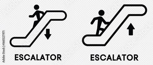 Escalator icon. Person standing on moving staircase with upward and downward arrows vector illustration. Public transport in malls and airports symbol. Automated stairway sign. 