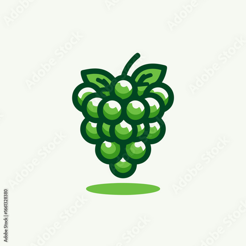 Stylized Green Grapes Bunch with Leaves Vector Icon Illustration.