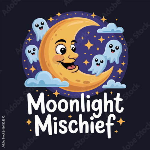 Moonlight mischief smiling moon with tiny ghosts and stars, cute halloween typography badge, kawaii cartoon vector for sticker, poster, kids shirt