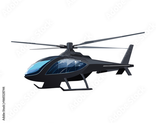 A slick and powerful dark gray combat helicopter with a sleek design and black tinted windows ready for tactical maneuvers