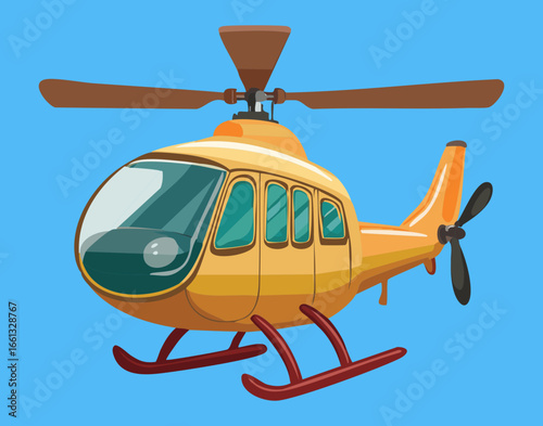 A bright and shiny yellow helicopter with a large window and landing gear ready for take-off against a clean backdrop