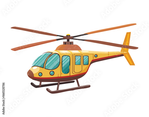 Detailed side view of a shiny yellow rescue helicopter with a strong chassis ready for action