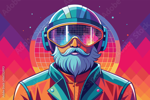 Vector illustration of a bearded man in a motorcycle helmet and goggles.