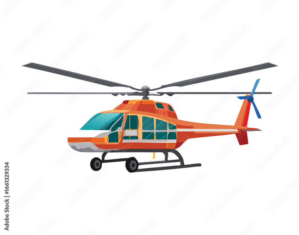 Fototapeta premium Simple cartoon illustration of a small passenger helicopter with orange and white paint scheme flying horizontally