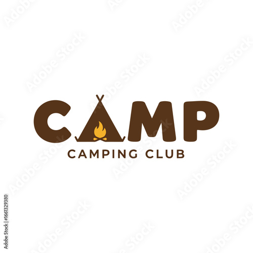 Camping club logo with tent and fire outdoor adventure emblem nature recreation design