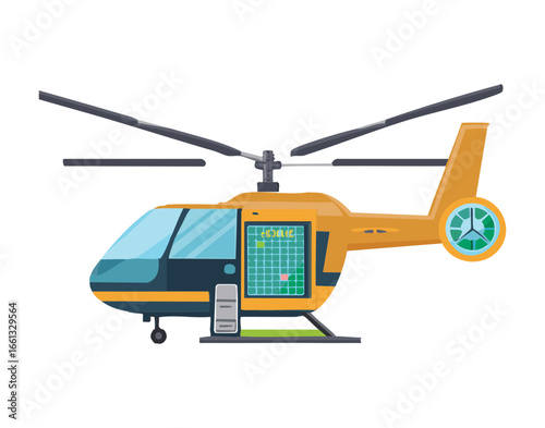Yellow Single-Engine Helicopter Flying with an Open Cabin Door, Ready for Passenger Pick-Up or Remote Area Deliveries	