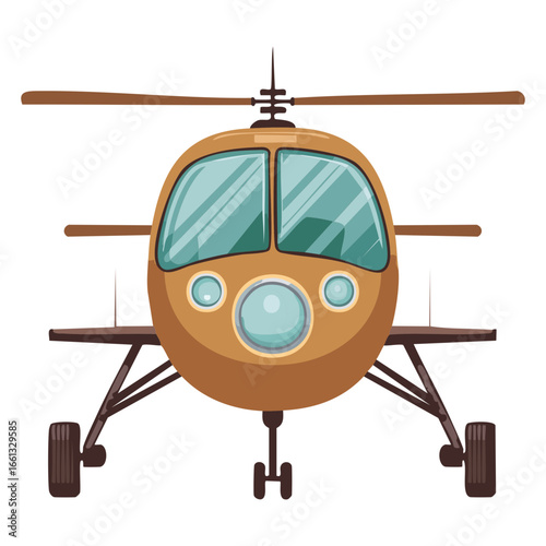 Direct Frontal View of a Classic Light Brown Helicopter, Highlighted by Its Twin Headlights and Simple, Functional Design	