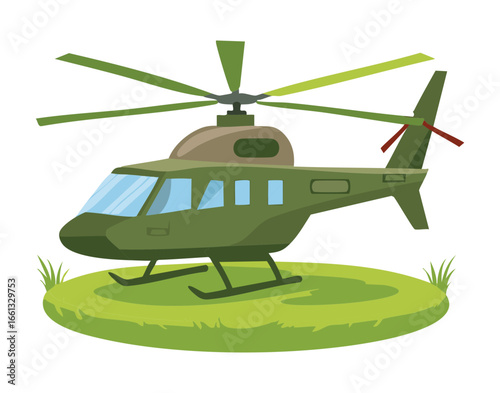 Cartoon Vector of a Military Helicopter in Flight over a Landscape