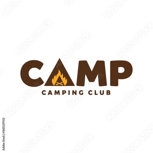 Camp camping club logo design outdoor adventure emblem fire mountain icon