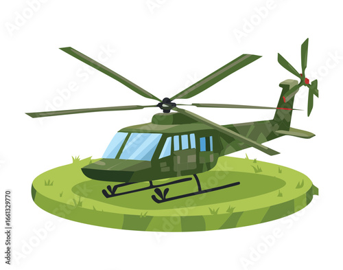  A Military Helicopter Landing on a Green Grass Field