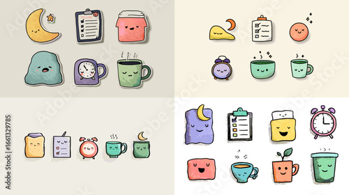 Adorable doodle-style morning routine illustration with coffee mugs, clocks, checklists, moon, and stars. Perfect for lifestyle, planner, and daily habit artwork.