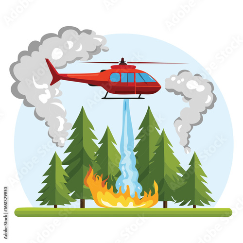 Red Emergency Helicopter with a Large Orange Water Tank Flying Above a Treeline, Mobilized for Active Fire Suppression	