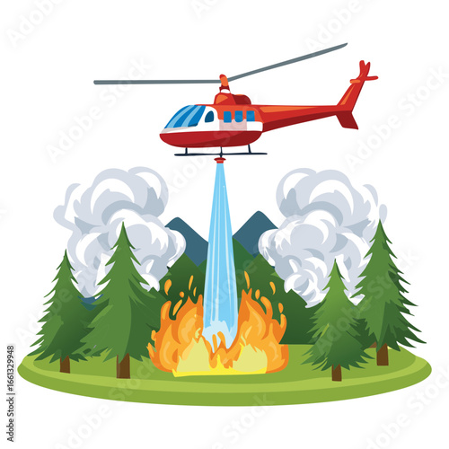 Rescue Helicopter with Red and White Livery Actively Dousing a Large Forest Fire with Water from its Underslung Bucket	