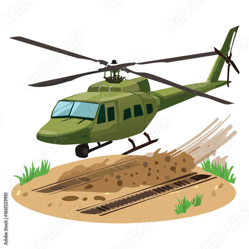 Heavy-Duty Utility Helicopter in Olive Drab Green Landing on a Clearing in the Forest with Dirt and Debris Scattered	