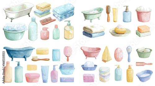 Watercolor bathroom essentials with bathtubs, towels, soap, bottles, and sponges in pastel colors. Perfect for hygiene, spa, wellness, and self-care illustrations.