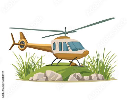 Medium Utility Helicopter in Olive Green Color Landing Gently on a Rocky Terrain Surrounded by Dry Grass and Bushes	