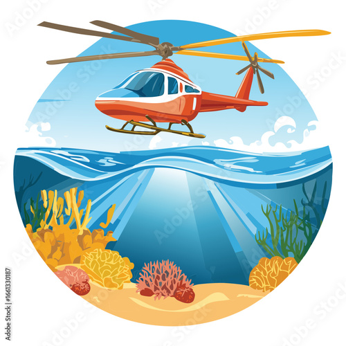 Illustration of a Helicopter Over a Water and Sea Life Scene