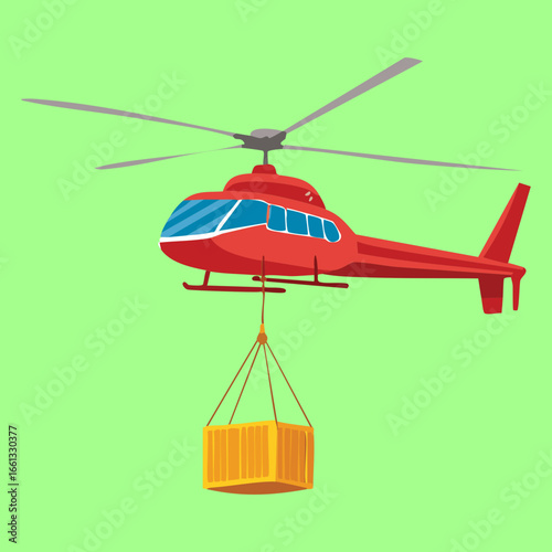 Illustration of a Red Helicopter Lifting a Heavy Container