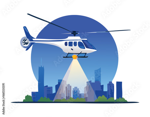 Illustration of a White Helicopter with a Bright Searchlight