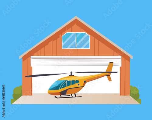 Small Yellow Single-Rotor Helicopter Parked Neatly in a Wooden Garage with Open Doors, Emphasizing Private Air Travel	
